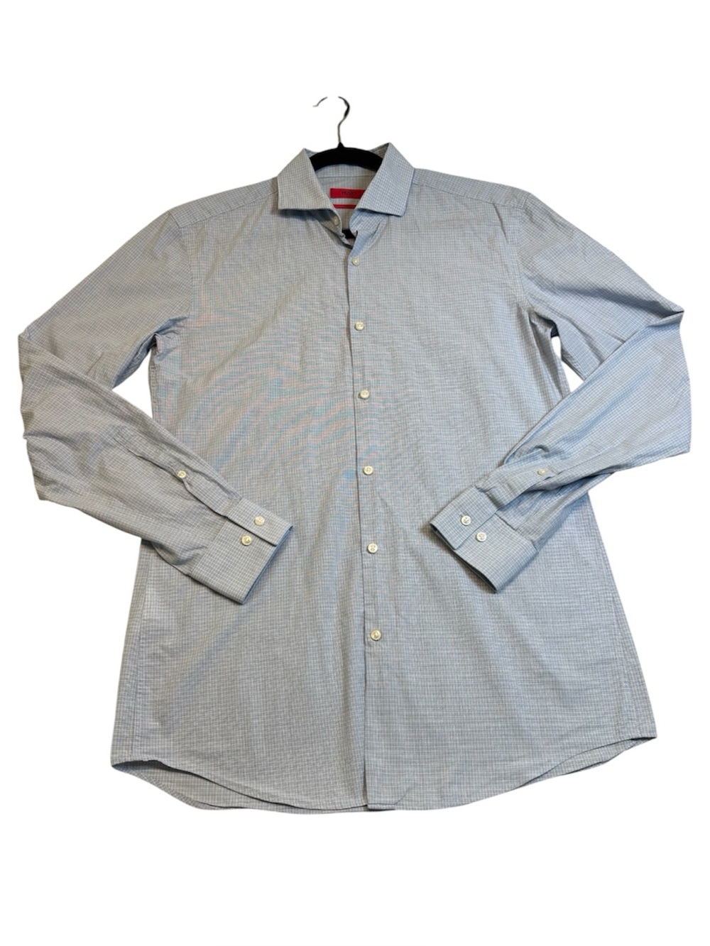 BOSS Hugo Boss Kason Slim Fit Dress Shirt Light Blue Micro Check Size 15.5 M EUC